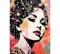 Artery8 Don't Burst My Bubble Female Glam Aesthetic Portrait Pink Blue Gold Linocut Teen Room Extra Large XL Wall Art Poster Print