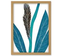 Artery8 Doppelganger33 LTD Tropical Plant Abstract Pastel Feather Blue Teal Leaves Artwork Framed Wall Art Print A4 in Light Oak Artery8 Light Oak