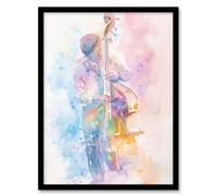 Artery8 Double Bassist Jazz Musician Light Watercolour Framed Art Print | Size: A4 Artery8 Multicolor A4
