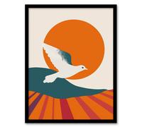 Artery8 Dove Flight Sunset Sun Simple Retro Design Framed Art Print in Orange | Size: A4 Artery8 Orange A4