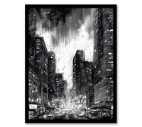 Artery8 Downtown Chicago Ink Sketch Cityscape Pen & Ink Charcoal Dark Moody Artwork Framed Wall Art Print A4 in Black Artery8 Black A4