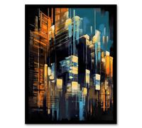 Artery8 Downtown Motown Skyscraper Architectural Blue Orange Painting Modern New York Art Print Framed Poster Wall Decor 12x16 inch Artery8 Black W12" x H16"