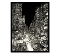 Artery8 Downtown Tokyo Sketch Cityscape Pen & Ink Drawing Japan Black White Art Print Framed Poster Wall Decor 12x16 inch