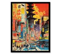 Wall Art Print Downtown Tokyo Street Scene 1960's Orange And Yellow Vibrant Bold Bright Colourful Painting Art Framed Artery8 Multi A4