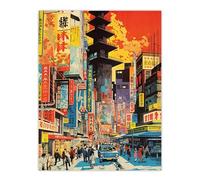 Artery8 Downtown Tokyo Street Scene 1960's Orange And Yellow Vibrant Bold Bright Colourful Painting Extra Large XL Wall Art Poster Print