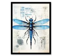 Artery8 Dragonfly Spy Bot Robot Hybrid Schematic Blueprint Futuristic Secret Complex Arcane Manuscript Gift For Him Man Cave Art Print Framed Poster Artery8 Black W12" x H16"