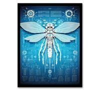 Artery8 Dragonfly Spy Robot Hybrid Schematic Blueprint Futuristic Secret Complex Arcane Manuscript Gift For Him Man Cave Art Print Framed Poster Wall Artery8 Black W12" x H16"