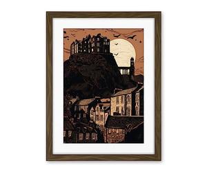 Artery8 Dramatic Full Moon Rising Behind Edinburgh Castle Artwork Framed Wall Art Print 18X24 Inch