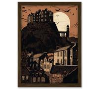 Dramatic Full Moon Rising Behind Edinburgh Castle Artwork Framed Wall Art Print A4 Artery8 Brown One Size