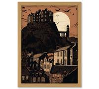Dramatic Full Moon Rising Behind Edinburgh Castle Artwork Framed Wall Art Print A4 Artery8 Light Oak One Size