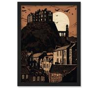 Artery8 Dramatic Full Moon Rising Behind Edinburgh Castle Artwork Framed Wall Art Print A4