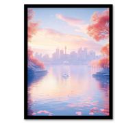 Artery8 Dreamy Autumn Sunrise Japanese Coastal Cityscape Framed Art Print in Blue | Size: W12" x H16" Artery8 Blue W12" x H16"