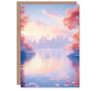 Artery8 Dreamy Autumn Sunrise Japanese Coastal Cityscape Greeting Card in Blue Artery8 Blue