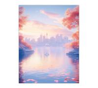 Artery8 Dreamy Autumn Sunrise Japanese Coastal Cityscape Wall Art Print in Blue | Size: W12" x H16" Artery8 Blue W12" x H16"