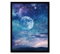 Artery8 Dreamy Full Moon Star Night Sky Surreal Starscape Living Room Artwork Framed Wall Art Print A4