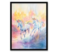 Artery8 Dreamy Rainbow Unicorns in Pastel Colour Forest Kids Bedroom Nursery Artwork Framed Wall Art Print 18X24 Inch