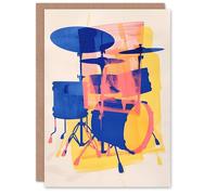 Artery8 Drummer Music Drum Set Yellow Blue Pink For Him Or Her Art Birthday Personalised Card