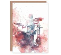 Artery8 Drummer Playing Drums Set Modern Watercolour Red Birthday Art Card Artery8 Red