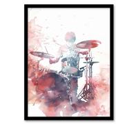 Artery8 Drummer Playing Drums Set Modern Watercolour Red Framed Art Print | Size: W12" x H16" Artery8 Red W12" x H16"