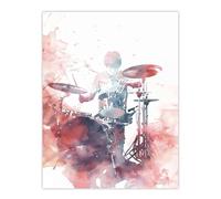 Drummer Playing Drums Set Modern Watercolour Red Wall Art Print Artery8 Red W24 inch x H32 inch