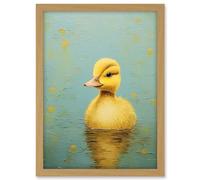 Artery8 Duckling on the Water Oil Painting Yellow and Duck Egg Blue Baby Artwork Framed A3 Wall Art Print