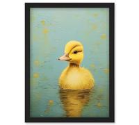Artery8 Duckling on the Water Oil Painting Yellow and Duck Egg Blue Baby Artwork Framed Wall Art Print A4