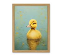 Artery8 Duckling on the Water Oil Painting Yellow and Duck Egg Blue Baby Artwork Framed Wall Art Print 18X24 Inch
