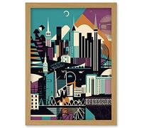 Dundee City Modern Abstract Geometric Cityscape Artwork Framed Wall Art Print A4 Artery8 Light Oak One Size