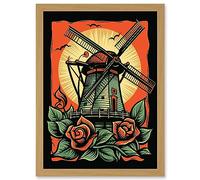 Artery8 Dutch Windmill and Roses Tattoo Ink Body Art Rockabilly Americana 50s Artwork Framed Wall Art Print A4