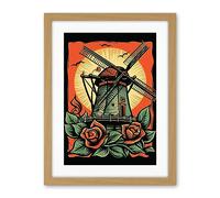 Artery8 Dutch Windmill and Roses Tattoo Ink Body Art Rockabilly Americana 50s Artwork Framed Wall Art Print 18X24 Inch