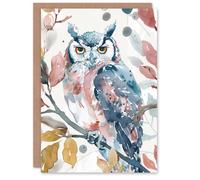 Artery8 Eagle Owl Autumn Tree Watercolour Colourful Birthday Art Card Artery8 Multicolor
