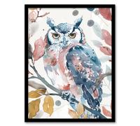 Artery8 Eagle Owl Autumn Tree Watercolour Colourful Framed Art Print | Size: W12" x H16" Artery8 Multicolor W12" x H16"