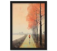 Artery8 Early Morning Jogging Pastel Colour Oil Painting Jogger on Lakeside Pink Tree Trail Countryside Landscape Artwork Framed Wall Art Print A4