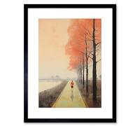 Artery8 Early Morning Jogging Pastel Colour Oil Painting Jogger on Lakeside Pink Tree Trail Countryside Landscape Artwork Framed Wall Art Print 9X7 Inch