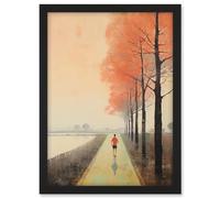 Artery8 Early Morning Jogging Pastel Colour Oil Painting Jogger on Lakeside Pink Tree Trail Countryside Landscape Artwork Framed A3 Wall Art Print