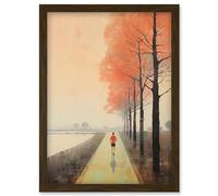 Artery8 Early Morning Jogging Pastel Colour Oil Painting Jogger on Lakeside Pink Tree Trail Countryside Landscape Artwork Framed Wall Art Print A4