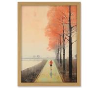 Artery8 Early Morning Jogging Pastel Colour Oil Painting Jogger on Lakeside Pink Tree Trail Countryside Landscape Artwork Framed A3 Wall Art Print