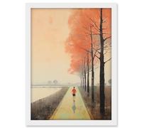 Artery8 Early Morning Jogging Pastel Colour Oil Painting Jogger on Lakeside Pink Tree Trail Countryside Landscape Artwork Framed A3 Wall Art Print