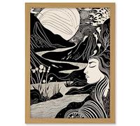 Artery8 Earth Goddess River Mountain Landscape Linocut Artwork Framed A3 Wall Art Print