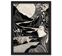 Artery8 Earth Goddess River Mountain Landscape Linocut Artwork Framed A3 Wall Art Print