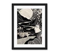 Artery8 Earth Goddess River Mountain Landscape Linocut Artwork Framed Wall Art Print 18X24 Inch