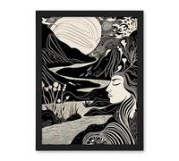 Artery8 Earth Goddess River Mountain Landscape Linocut Artwork Framed Wall Art Print 18X24 Inch