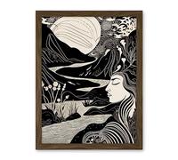 Artery8 Earth Goddess River Mountain Landscape Linocut Artwork Framed Wall Art Print 18X24 Inch
