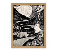 Artery8 Earth Goddess River Mountain Landscape Linocut Artwork Framed Wall Art Print 18X24 Inch