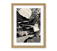Artery8 Earth Goddess River Mountain Landscape Linocut Artwork Framed Wall Art Print 18X24 Inch