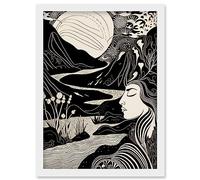 Artery8 Earth Goddess River Mountain Landscape Linocut Artwork Framed Wall Art Print A4