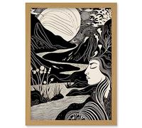 Artery8 Earth Goddess River Mountain Landscape Linocut Artwork Framed Wall Art Print A4