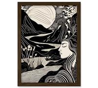 Artery8 Earth Goddess River Mountain Landscape Linocut Artwork Framed Wall Art Print A4