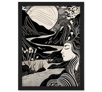 Artery8 Earth Goddess River Mountain Landscape Linocut Artwork Framed Wall Art Print A4