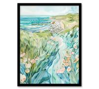 Artery8 East Riding English Coastal Scene Watercolour Framed Art Print in Blue | Size: A4 Artery8 Blue A4